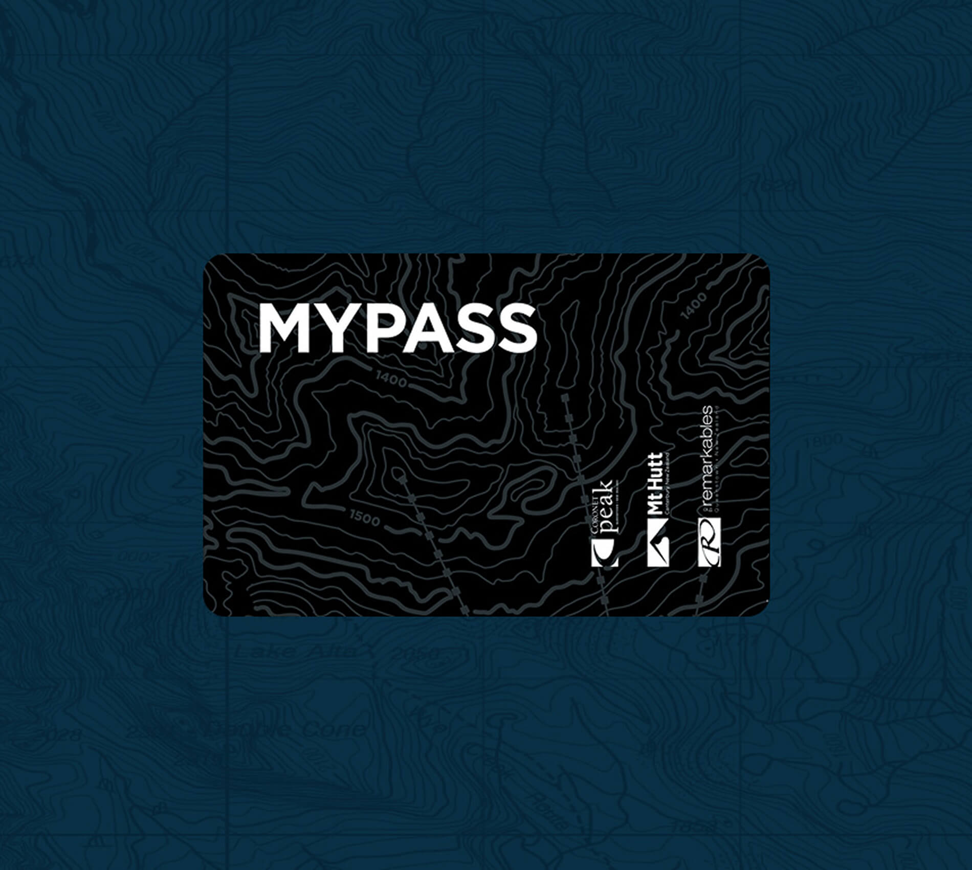 Black card with white contour map lines and the text MY PASS in bold white letters.