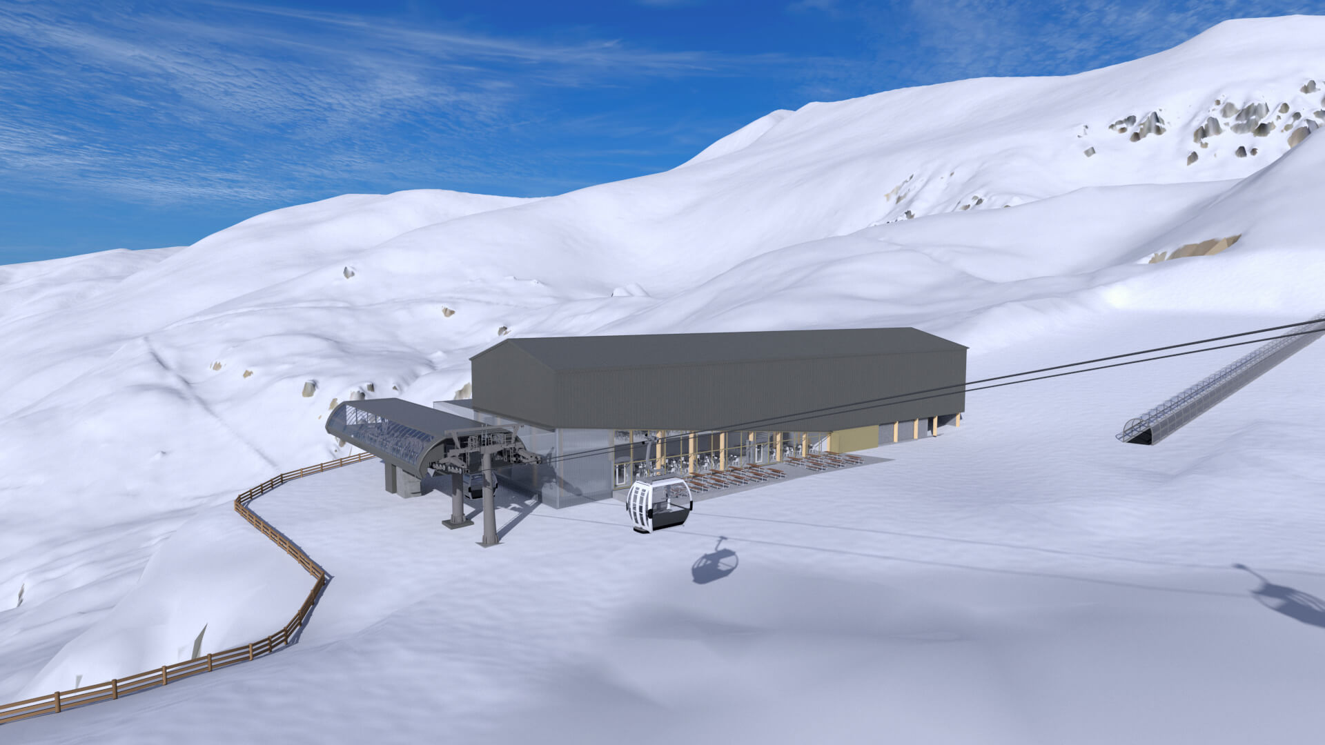 Cable car station with gondola lift in snowy mountain landscape under a blue sky.