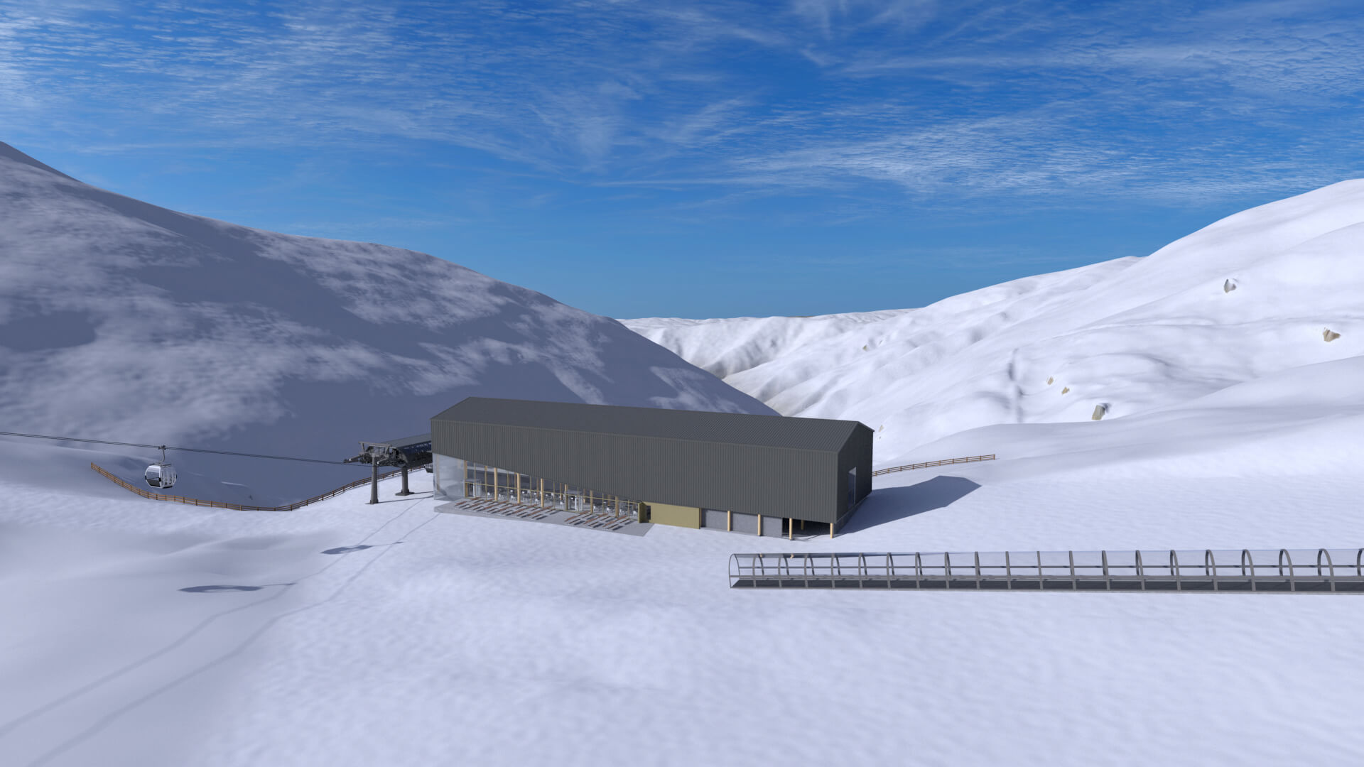 Modern ski lift station on snowy mountain slope under a clear blue sky.