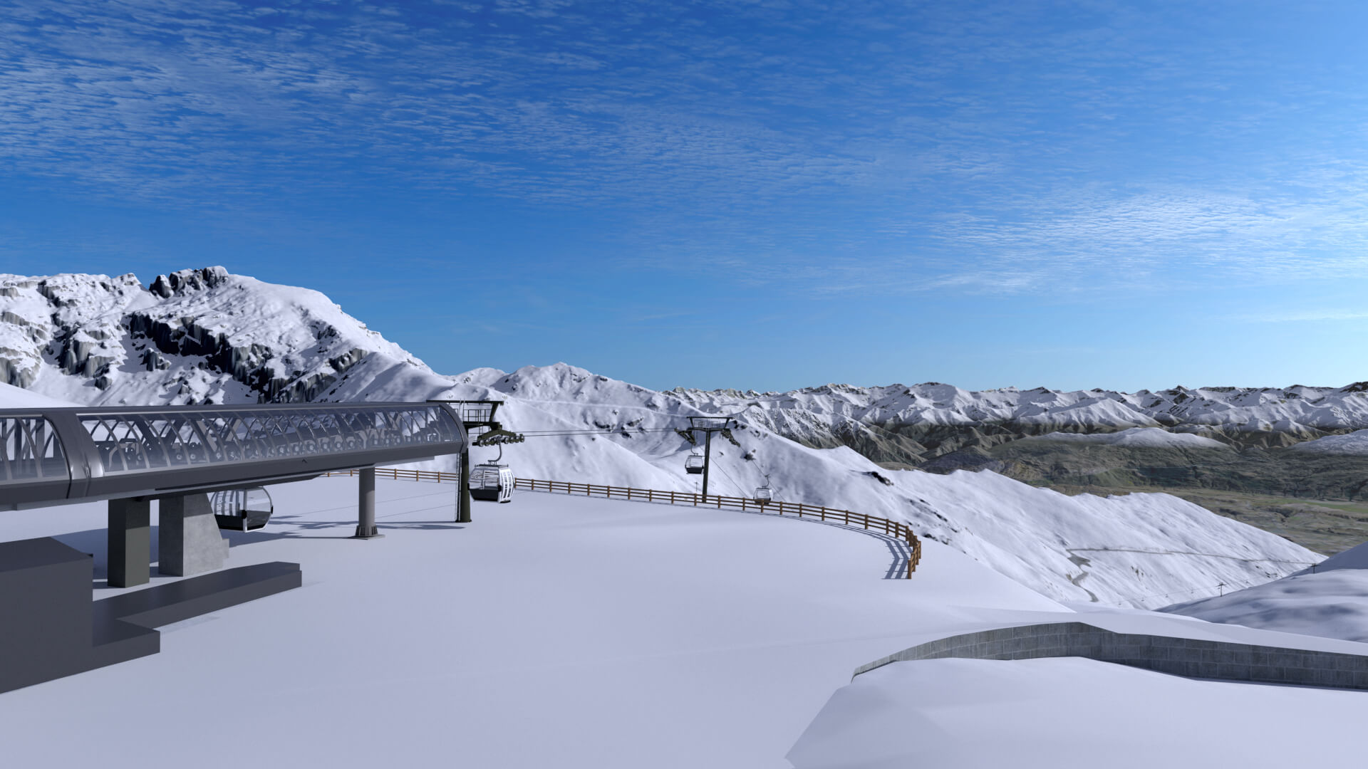 Snowy mountain landscape with a ski lift station and cable cars under a clear blue sky.