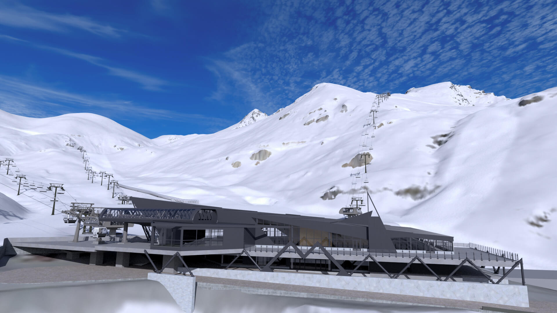 Modern ski lift station with gondolas against snow-covered mountains and blue sky.
