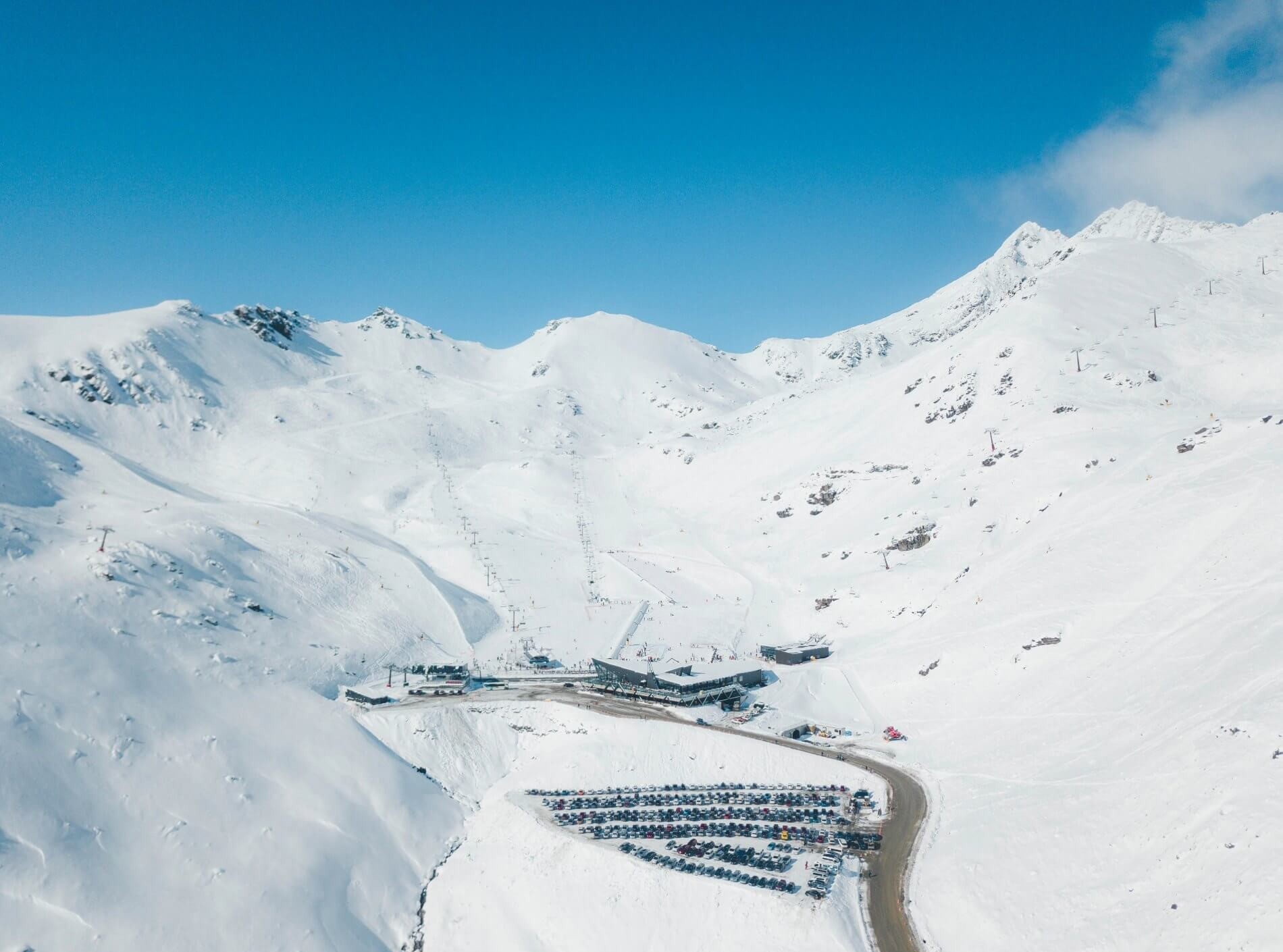 Aerial shot of the Remarkables Ski Area covered in snow.